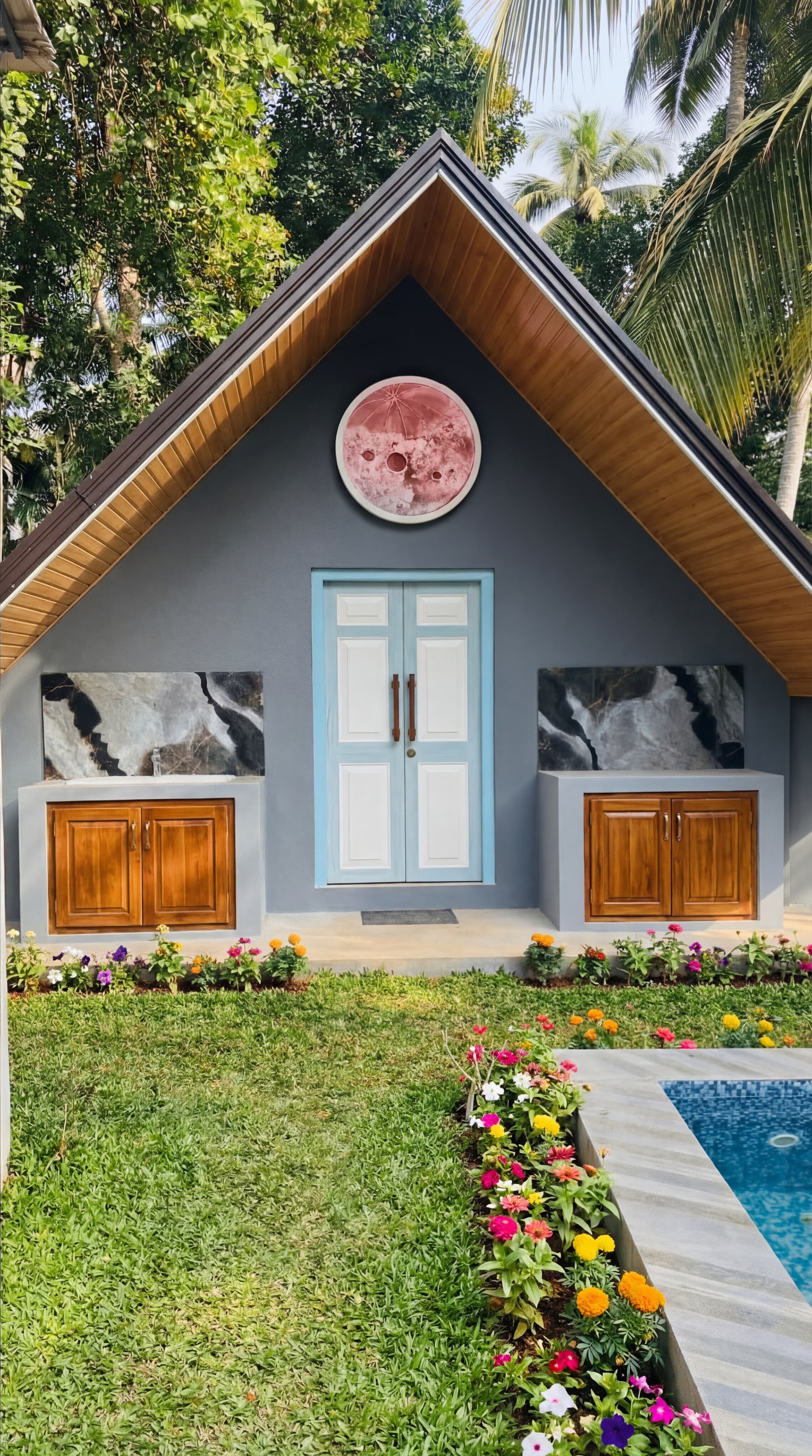 Luxury tropical wooden cabana at sunset with romantic lighting